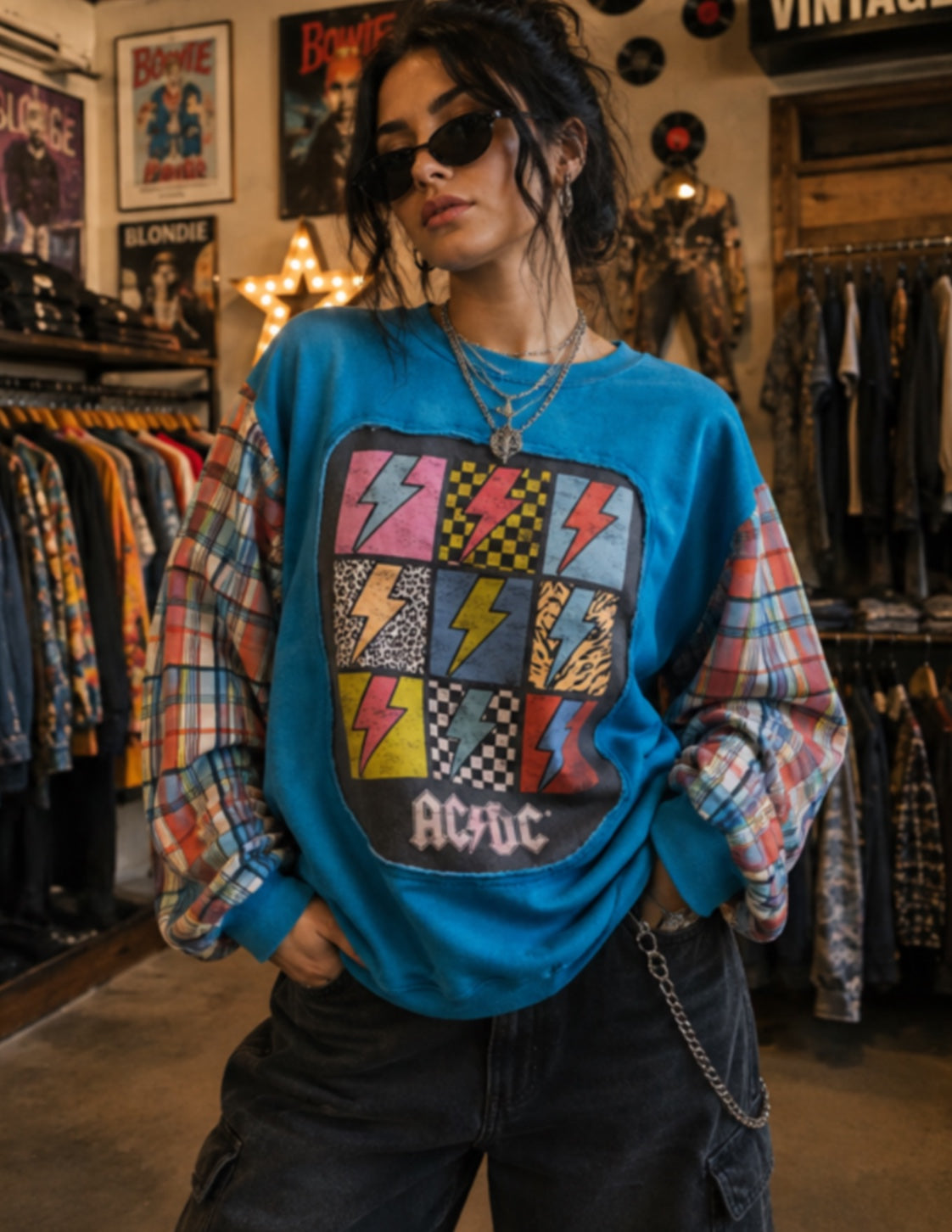 XL AC/DC Crewneck Sweatshirt with flannel sleeves - Super lightweight