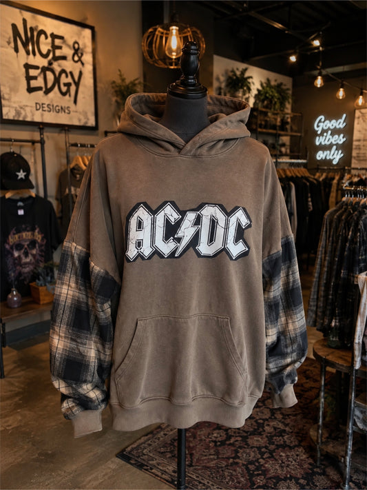 XL Brown & Black plaid ACDC Hoodie