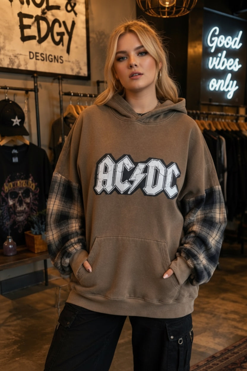 XL Brown & Black plaid ACDC Hoodie