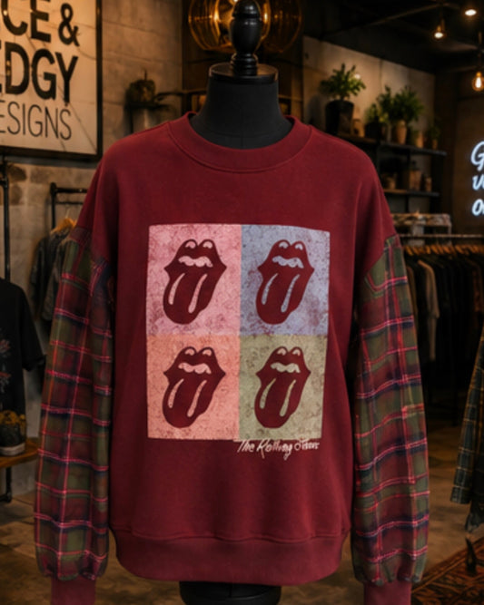 2X Rolling Stones Burgundy Crewneck Sweatshirt with Flannel Sleeves
