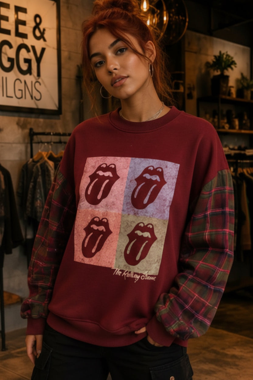 2X Rolling Stones Burgundy Crewneck Sweatshirt with Flannel Sleeves
