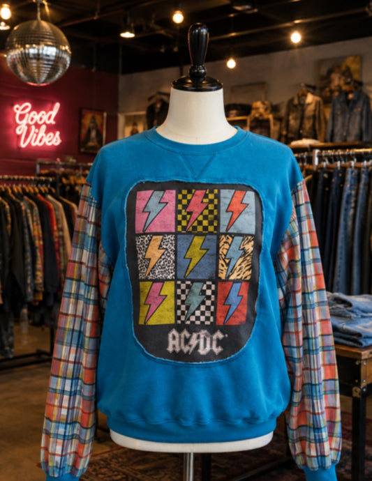 XL AC/DC Crewneck Sweatshirt with flannel sleeves - Super lightweight
