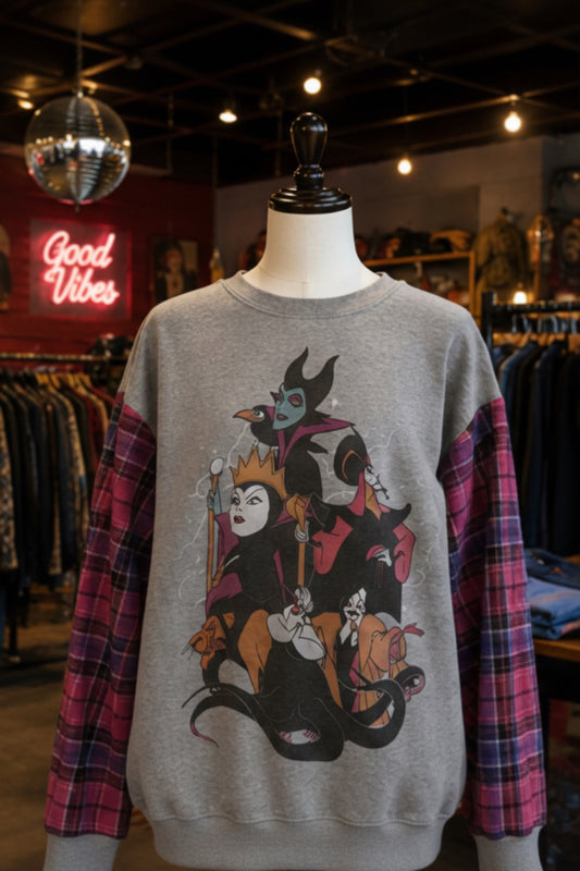 XL Disney Villains Crewneck Sweatshirt with flannel sleeves
