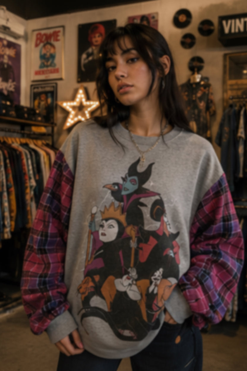 XL Disney Villains Crewneck Sweatshirt with flannel sleeves