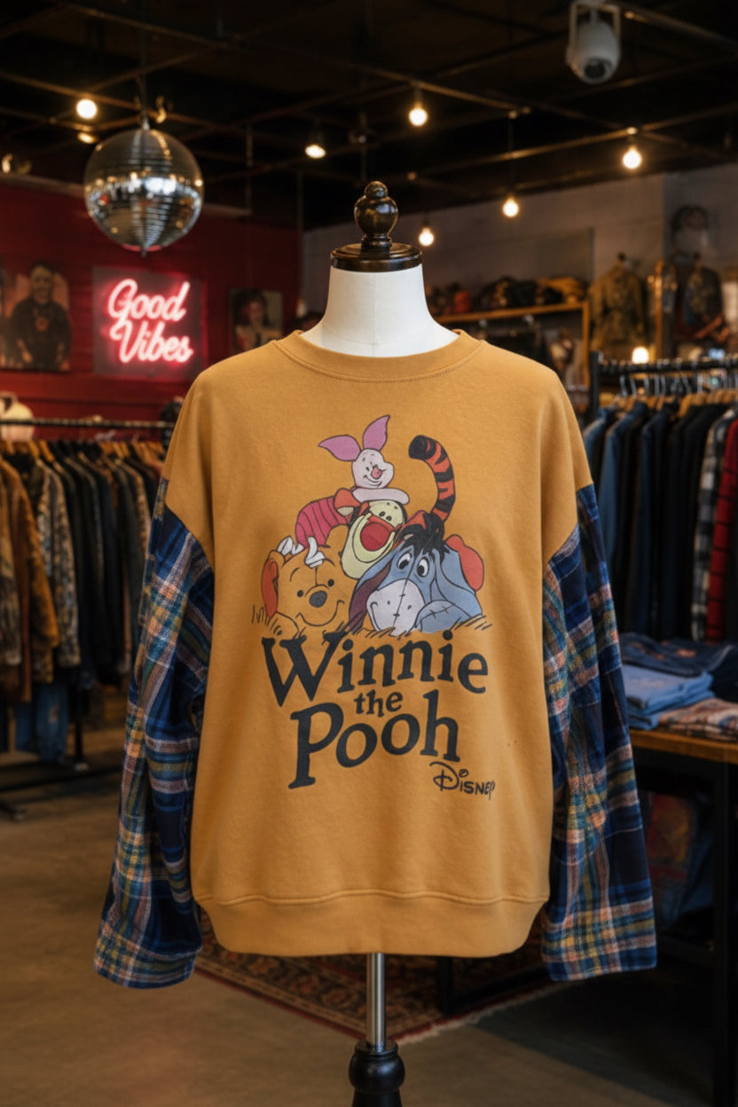 L Winnie the Pooh Crewneck Sweatshirt with flannel sleeves