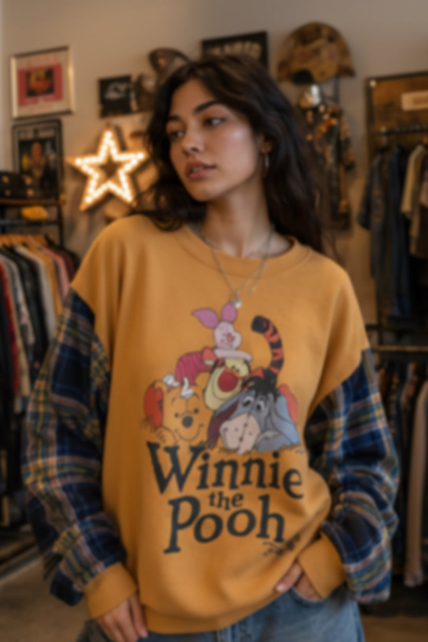 L Winnie the Pooh Crewneck Sweatshirt with flannel sleeves